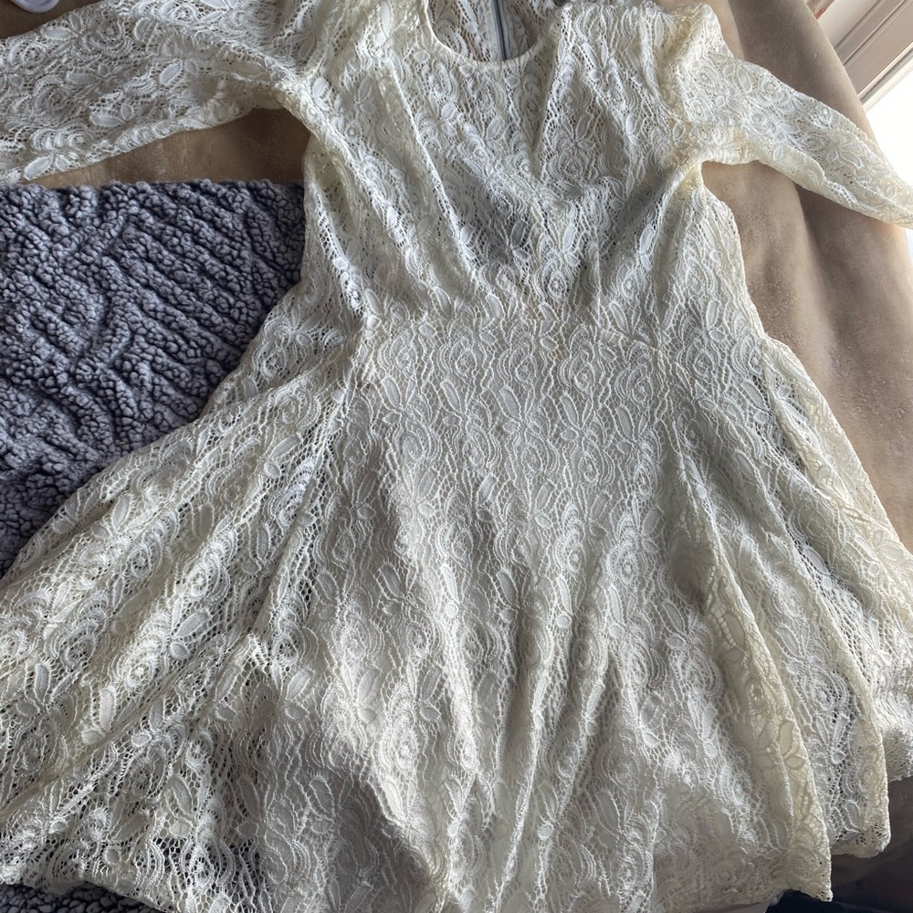 BeBop White Fit and Flare Dress with Short Bishop Sleeves